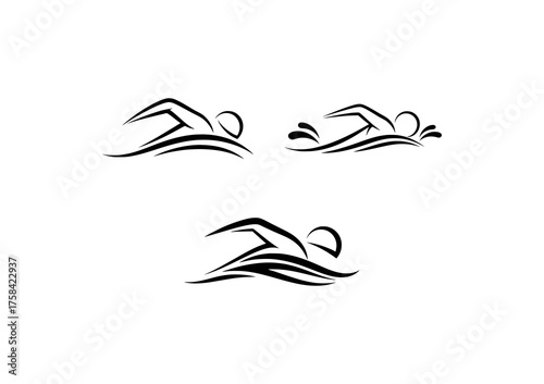 Minimalist swimmer silhouettes icon set, elegant black line art showing freestyle swimming motion.