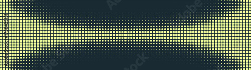 Rounded squares grid halftone pattern bent border ultra wide 32:9 aspect ratio vector yellow black high contrast abstract background. Half tone panoramic format futuristic technology cool abstraction