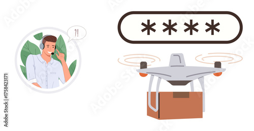 Customer service agent addresses delivery via quadcopter carrying package. Password security shown. Ideal for tech development, innovation, e-commerce, security, delivery systems, communication