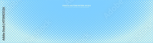 Star shaped trendy halftone pattern semi circle border ultra wide 32:9 aspect ratio light blue vector abstract background. Half tone grid graphic glitter panoramic ultrawide format astral abstraction