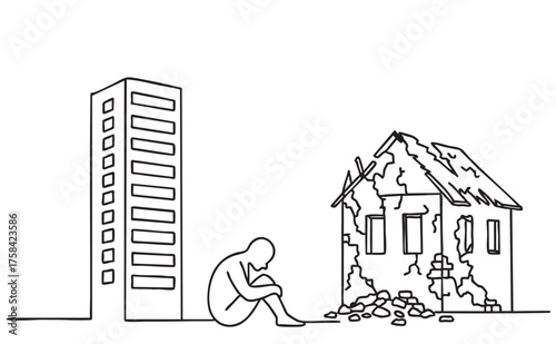 line sketch high-rise building living damaged house and person life by war on white background