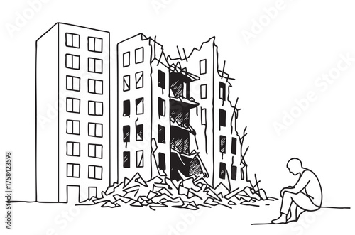 line sketch high-rise building living damaged house and person life by war on white background