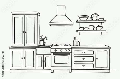 Kitchen interior vector architectural 3d drawing sketch
