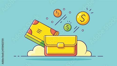 A cartoon man with wings carries a money bag, representing financial success and aspiration..eps