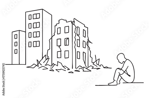 line sketch damaged house and person life by war on white background