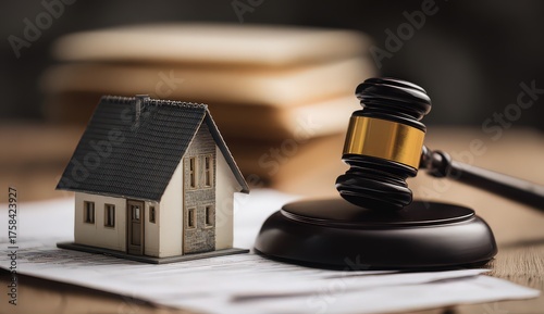 Wooden House Model and Gavel Representing Property Auction on Legal Documents with Blurry Books Background