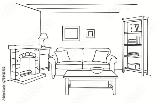 Living room graphic black white home interior sketch illustration vector