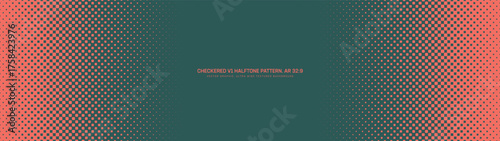 Checkered halftone pattern faded frame ultra wide 32:9 aspect ratio red green vector dotted abstract background. Check half tone textured panoramic ultrawide format cool retro style graphic wallpaper