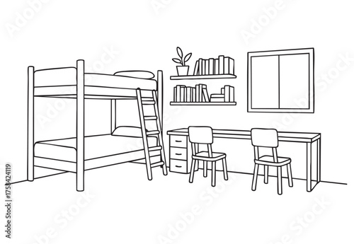 Children's room. Children's furniture with Bunk bed and bookshelves of a sketch style