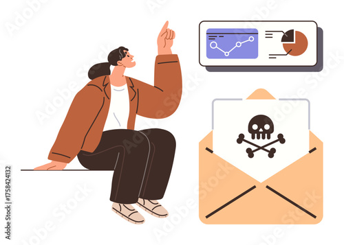 Woman analyzing business data charts, pointing with curiosity, noticing cyber threat in email envelope. Ideal for cybersecurity, analysis, data protection, business, alertness, hacking online