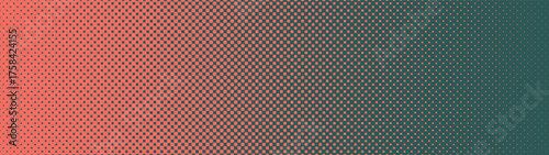 Checkered textured halftone pattern faded gradient ultra wide 32:9 aspect ratio red green vector abstract background. Check half tone panoramic ultrawide format cool retro styled graphics abstraction