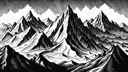 black and white sketch of mountains, highlighting their dramatic shapes and contours..eps