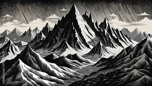A monochrome illustration of mountains showcasing their rugged terrain and sharp outlines..eps