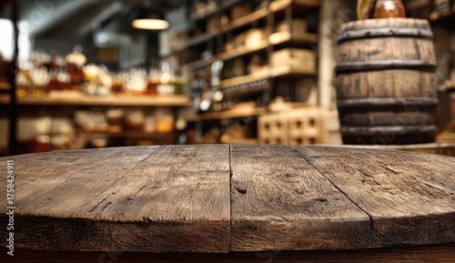 Wooden Table Top in a Rustic Interior with Blurred Background Showing Barrels and Shelves
