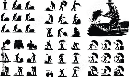 Farmer Tossing Hay Icon Set Agricultural Worker Silhouette Vector Collection