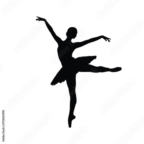 Silhouette of a ballerina in a tutu performing a dance move against a white background