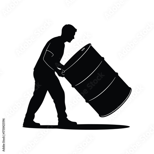 Silhouette of a man pushing a large barrel with hoops on a white background image view