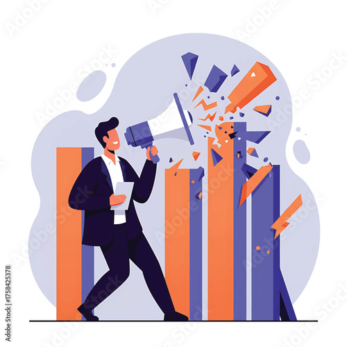 A businessman in a suit uses a megaphone to disrupt colorful bar graphs in a stylized illustration with a bold, dynamic composition.