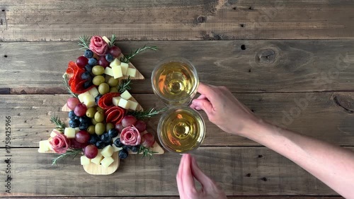 Charcuterie board for parties shaped like a Christmas tree with two glasses of wine.