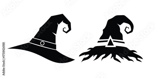 Halloween Witch Hat Icon – Two Black and White Vector Illustration