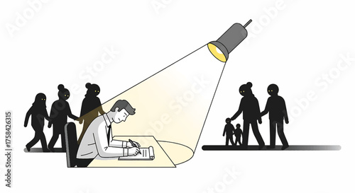 Illustration of a focused journalist working on a laptop under a spotlight with people walking in the background.