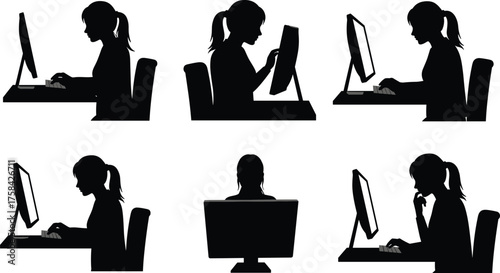 Black silhouette vector set of office workers sitting at desks using desktop computers in various postures, tasks, and ergonomic positions