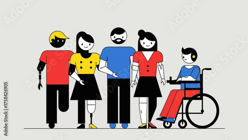 A diverse and inclusive group of individuals with disabilities and prosthetic technology standing together
