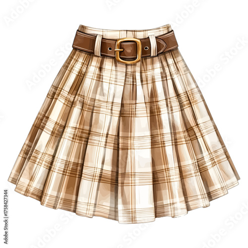 Watercolor Plaid Pleated Skirt with Belt: Rustic Autumn Fashion Clipart
