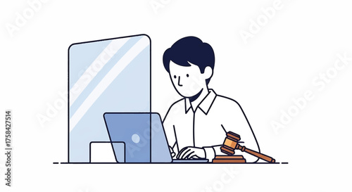 A young journalist working on a laptop with a gavel and legal documents in a simple, flat illustration style with a clean white background.