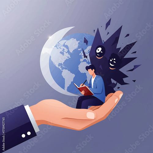 Illustration of a businessman reading a book while sitting on a giant hand, with a globe and various emotive faces emerging from the background in a
