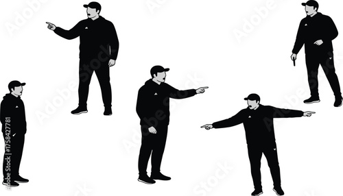 Silhouette collection of casual man in cap and jacket showing different standing poses, gestures, pointing, speaking, walking, vector illustration design