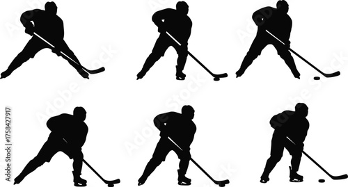 Silhouette collection of ice hockey players in dynamic action poses with sticks and puck, skating, shooting, dribbling, sports vector illustration