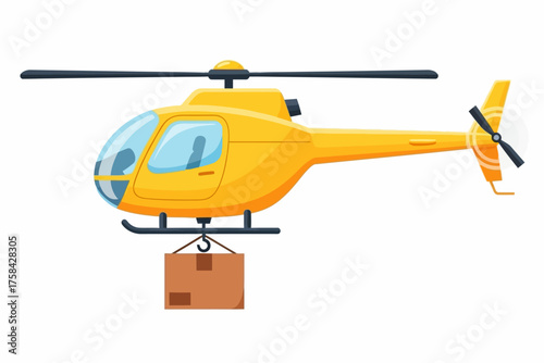 Cartoon yellow helicopter carrying a cardboard box on a hook.