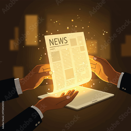 A journalist's hands in business attire hold a glowing newspaper over a tablet on a desk in a dimly lit room with a dark background.