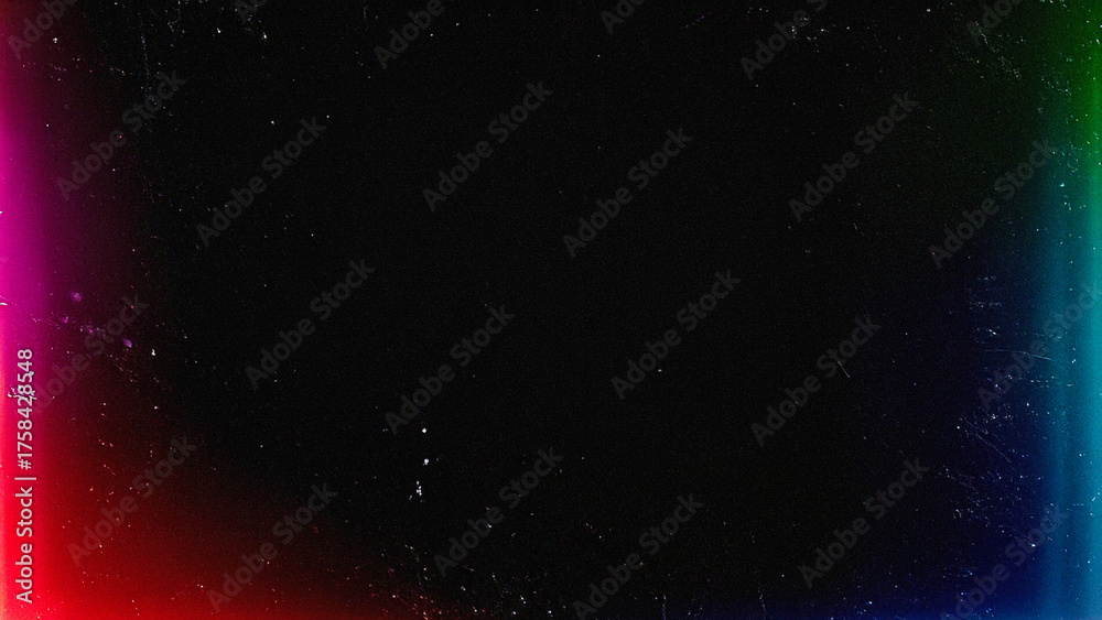 Fototapeta premium Abstract cinematic film grain and dust overlay texture with colorful light leaks, black background. Ideal for retro designs, video effects, photo overlays, and digital art projects.