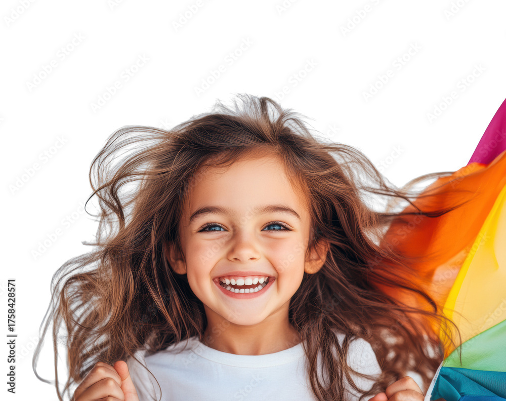Fototapeta premium Happy Smiling Girl with Colorful Fabric on Transparent Background