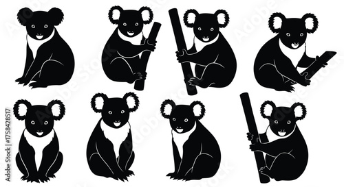 Collection of koala silhouettes on white background isolated on white background