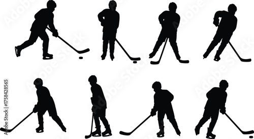 Silhouette collection of ice hockey players in multiple action poses with sticks and puck, skating, shooting, dribbling, competition, vector illustration design
