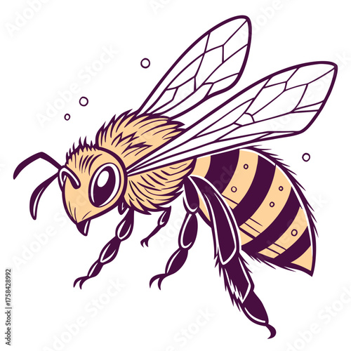Stylized illustration of a honey bee with striped abdomen and translucent wings in flight