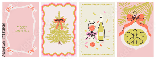 Retro vintage Christmas banner collection in pencil colorful drawing style. Cute poster or placard print set. Christmas or new year celebration with wine and fir tree. Greeting card or invitations.