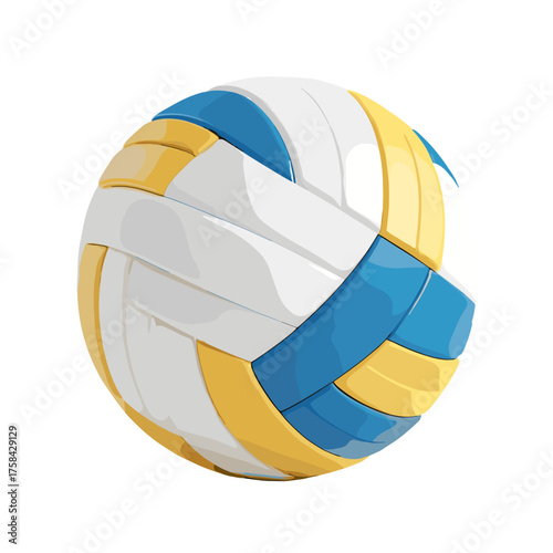 Colorful volleyball with blue, yellow, and white panels, isolated on a white background, clean design, copy space