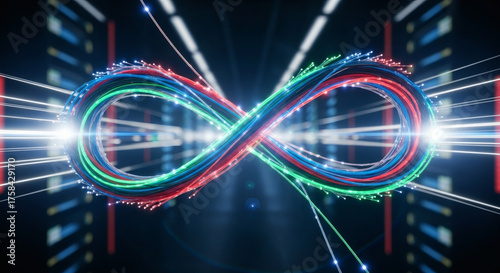 Vibrant fiber optic infinity loop symbolizing continuous data exchange, advanced network capabilities, and the boundless potential of modern digital infrastructure and communication