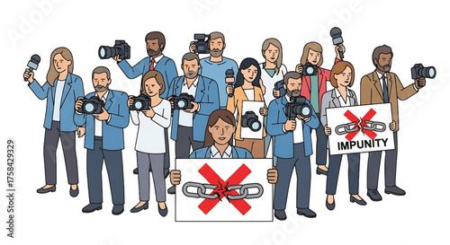 A diverse group of journalists holding cameras and signs with a press freedom message in a colorful illustration.