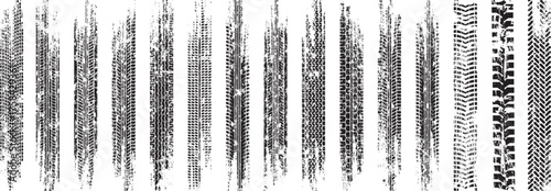 Tyre Trace Vector Grunge Set, Dirty Tires Marks and Treads Vector Collection