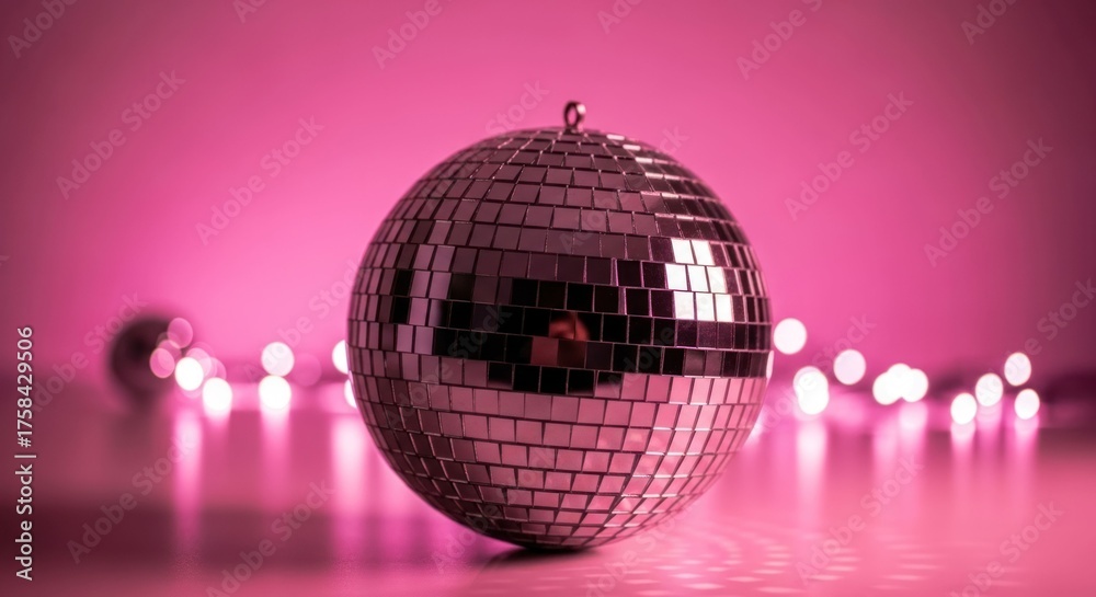 Obraz premium Mirrored ball sparkles against a pink bokeh background