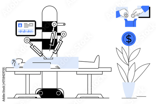 Advanced robotic arm performing surgery on patient with medical monitor, blue coin sign, and financial representation. Ideal for healthcare, technology, surgery, innovation, economics, cost