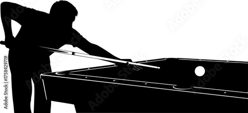 Billiards silhouette. This image shows a silhouette of a billiards player aiming with a cue stick at a billiard ball on a table. Vector clipart illustration design