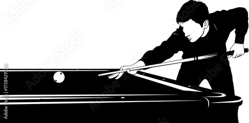 Billiards silhouette. This image shows a silhouette of a billiards player aiming with a cue stick at a billiard ball on a table. Vector clipart illustration design