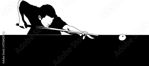 Billiards silhouette. This image shows a silhouette of a billiards player aiming with a cue stick at a billiard ball on a table. Vector clipart illustration design