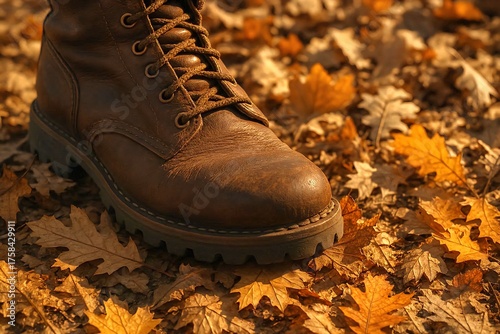 Close-up on a walking boot stepping on a crunchy carpet of mixed oak and maple leaves.